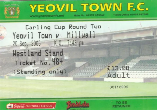 Ticket - Yeovil Town v Millwall 20.09.05 League Cup