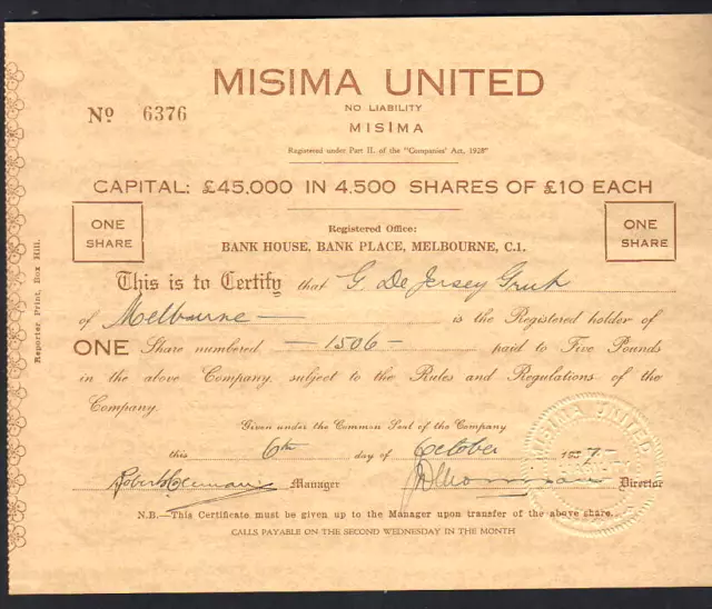 Share Scrip -  Mining. 1937 Misima United N/L.. (Wyalong NSW)
