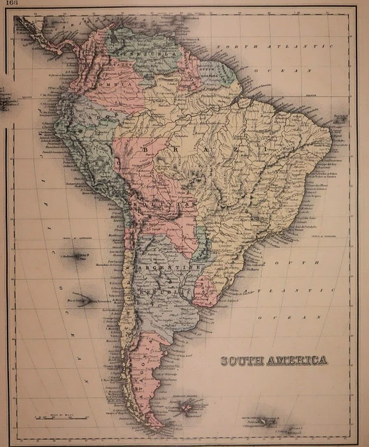 Authentic 1878 O.W. Gray Atlas Map ~ SOUTH AMERICA ~ FreeS&H   Inv#170