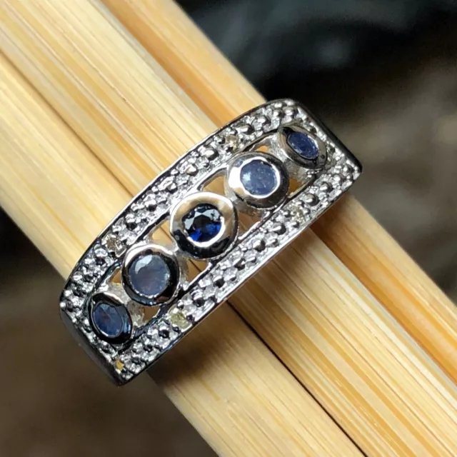 Natural Blue Sapphire, White Diamond 925 Solid Sterling Silver Unisex Ring sz 7