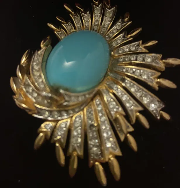 Jon Richard Gold Tone Turquoise & Diamanté Starburst Brooch, Original Box NEW