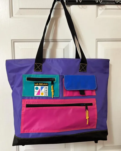 Vintage L.A. Gear 1990s Neon Pink Teal Purple Pop Duffel Gym Tote Bag