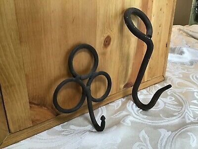 506A~ Vintage Pair Wrought Iron Hook Kitchen Wall Key Old Hanger Rustic Country