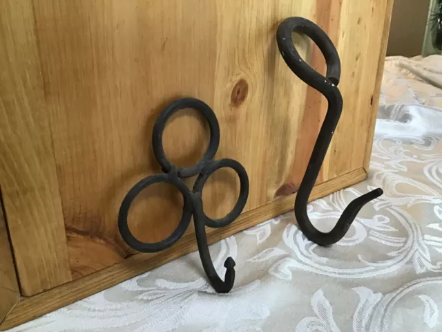 Vintage Pair Wrought Iron Hook Kitchen Wall Key Old Hanger Rustic Country 506A