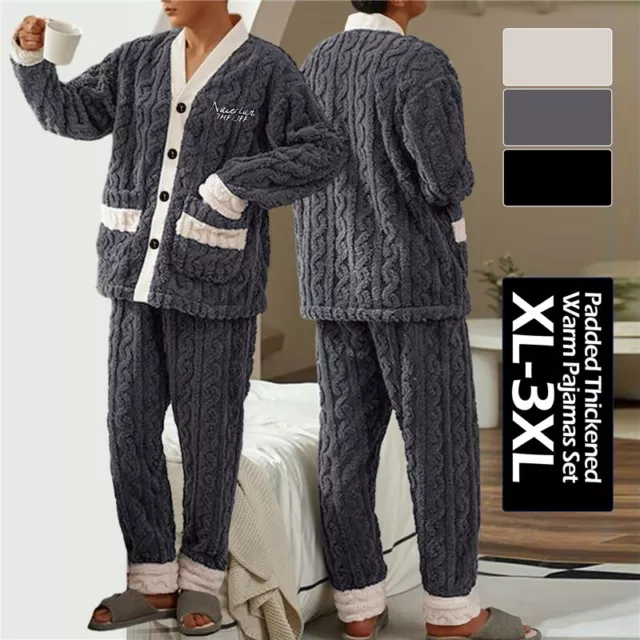 Herren Winter Warme Schlafanzug Fleece Pjs Set Knöpfe Ausschnitt Weiche  Lounge 2