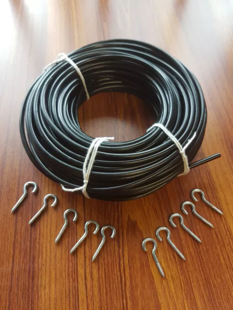 Black Net / Voile Curtain Wire rope rod Including 4 Hooks 1 Mtr - 30Mtr Lengths