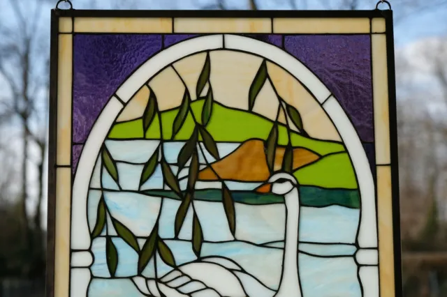 20.5"W x 34.75"H Handcrafted stained glass window panel two swans. 2