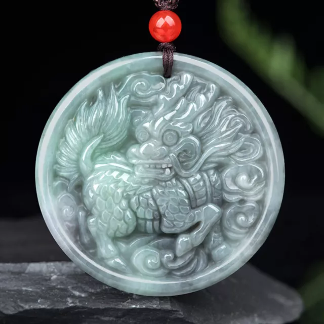 Grade A Natural Green Jade Jadeite Round Pendant Carved Kylin Money Amulet