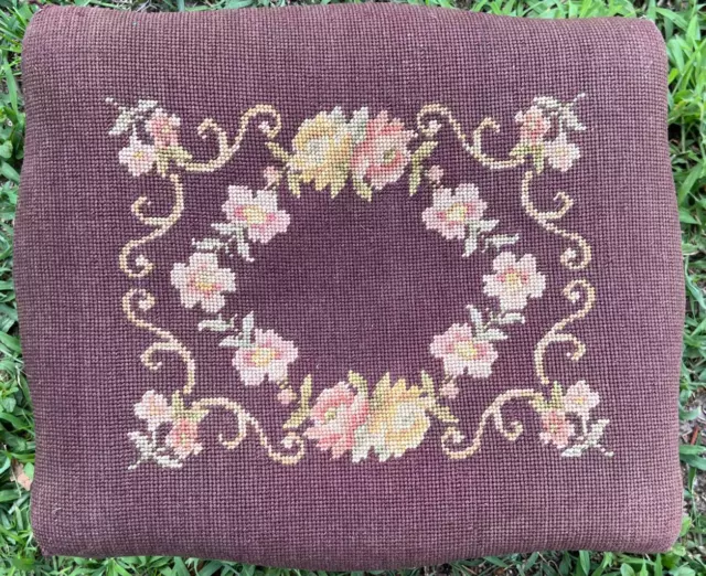 Antique Hand Carved Wood Frame Needlepoint Tapestry Top Footstool Bench Flowers