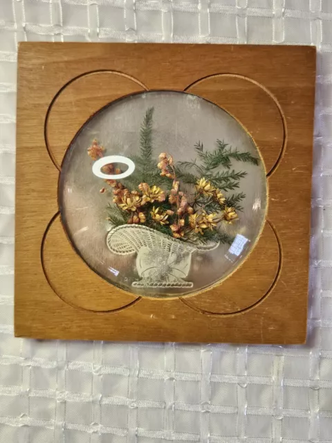 Vintage Dried Flower Arrangement In Convex Glass Frame, Bubble/Dome Glass