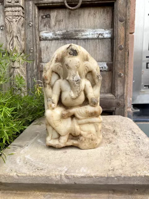 Antique Old Rare Marble Stone Hand Carved Hindu God Ganesha Sculpture Temple