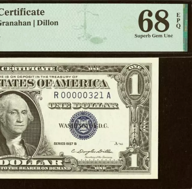 Fr 1621 1957B $1 Silver Certificate PMG 68EPQ down ladder low serial 321