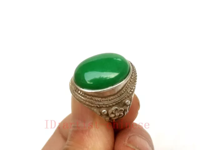 Collection Chinese Tibet Silver Carving Flower Inlay Green Jade Ring Gift