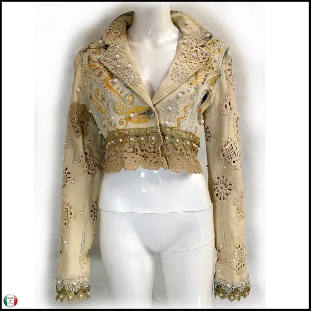 bolero made in italy moda giacca donna denim cotone ricamata pizzi perline beige