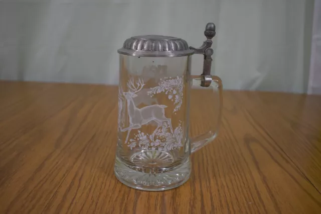 Vintage German Clear Glass Beer Stein Etched Glass Deer Fox Bear Nature Pewter
