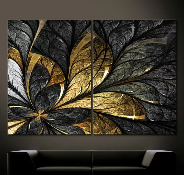 BLATTGOLD Abstrakt Leinwand Bild XL Schwarz Gold-Gelb Blatt Modern Wandbild Deko