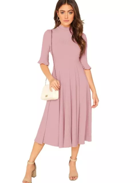 Shein Bell Sleeve Knit Midi Dress, Baby Pink, Size 10