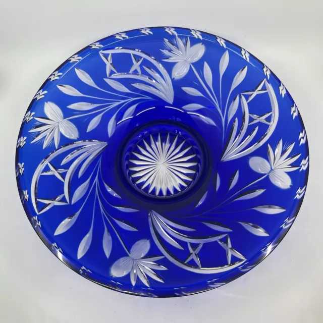Vintage Bohemian Cobalt Blue Cut To Clear 15” Heavy Crystal Centerpiece Bowl