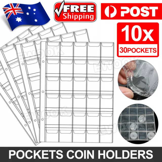 10 pcs 30 Pockets Coin Holders Folder Pages Collection Album Storage Book Sleeve