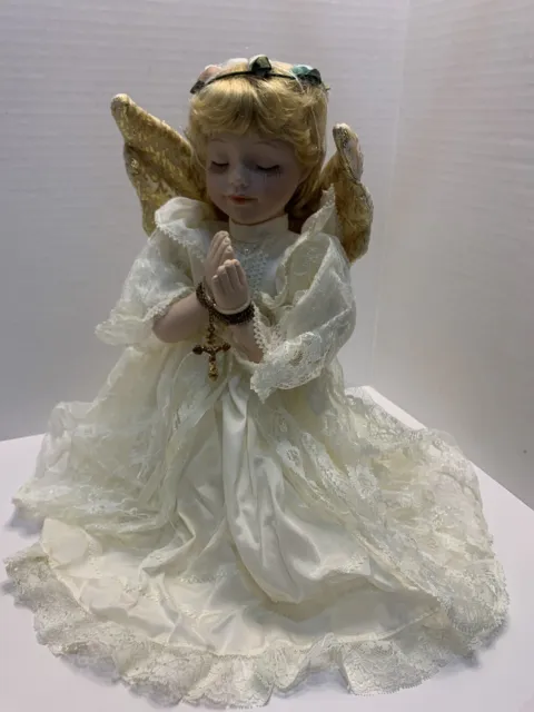 Praying Porcelain Angel Doll 13” T New In Box On Knees w/ Prayer Beads