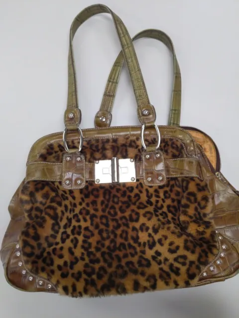 Kathy Van Zeeland brown faux fur leopard print HANDBAG bag top handle purse