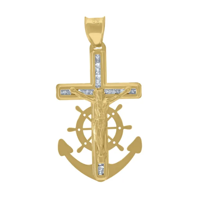 10K Yellow Gold Cubic Zirconia Anchor Crucifix Cross Religious Charm Pendant
