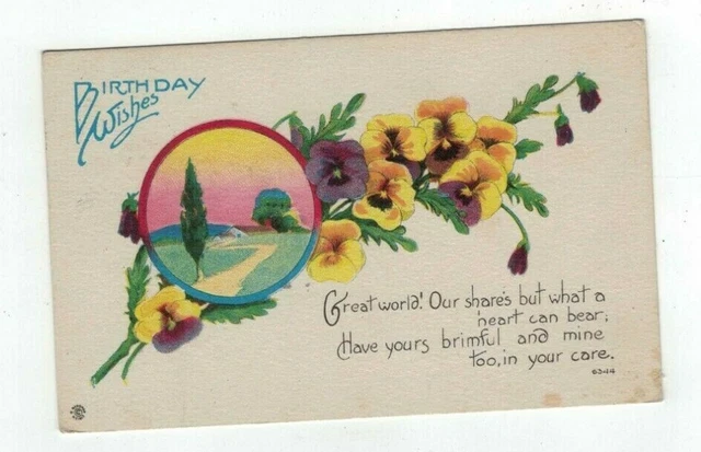 Antique Bergman hp Birthday Post Card Pansies & House at Sunset