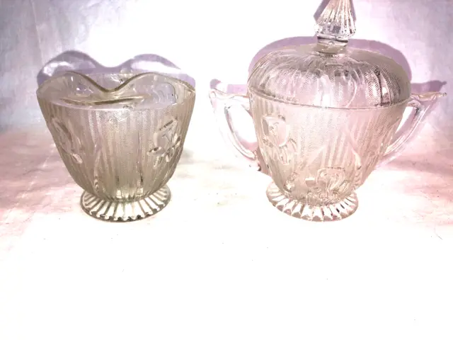 Crystal Iris And Herringbone Creamer And Sugar With Lid Mint Jeanette USA