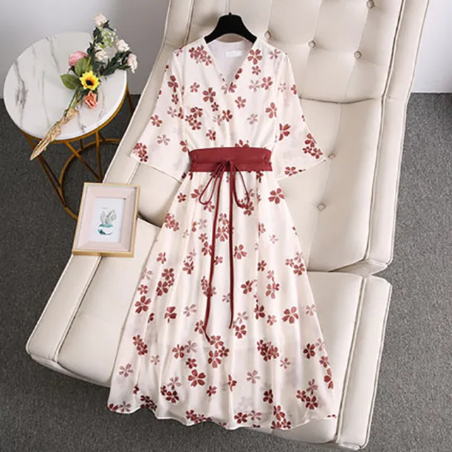 Women Japanese Belted Dress Kimono Yukata Floral Sakura Printed V Neck Retro