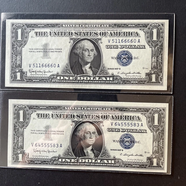 2 Fancy Series 1957 Silver Certificate One Dollar Blue Seal Uncirculated