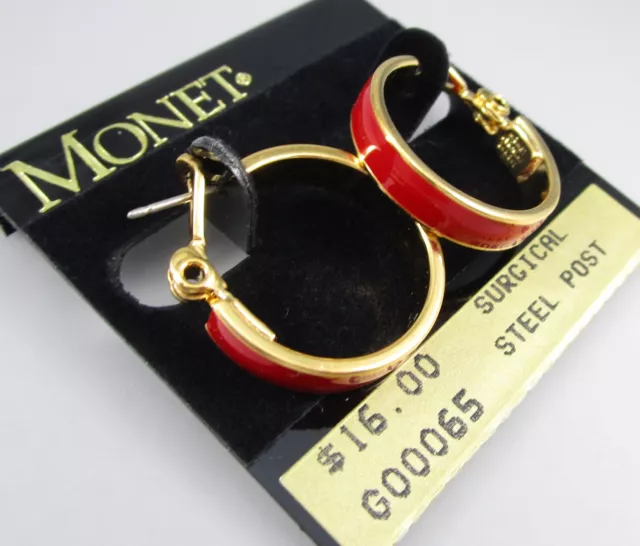 New Stock Vintage 90s MONET Gold Tone Red Enamel Hoop Post Pierced Earrings 73B