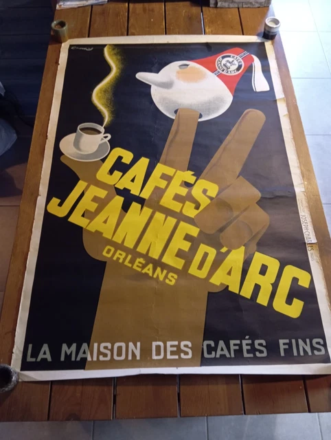 Ancienne et grande affiche publicitaire cafés Jeanne d'Arc Orleans 120cm/80cm