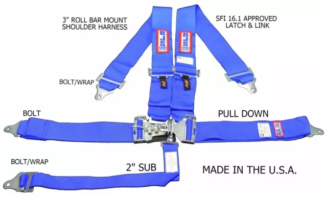 Rjs Racing Sfi 16.1 5Pt Latch & Link Harness Belt Roll Bar Mount Blue 1127803