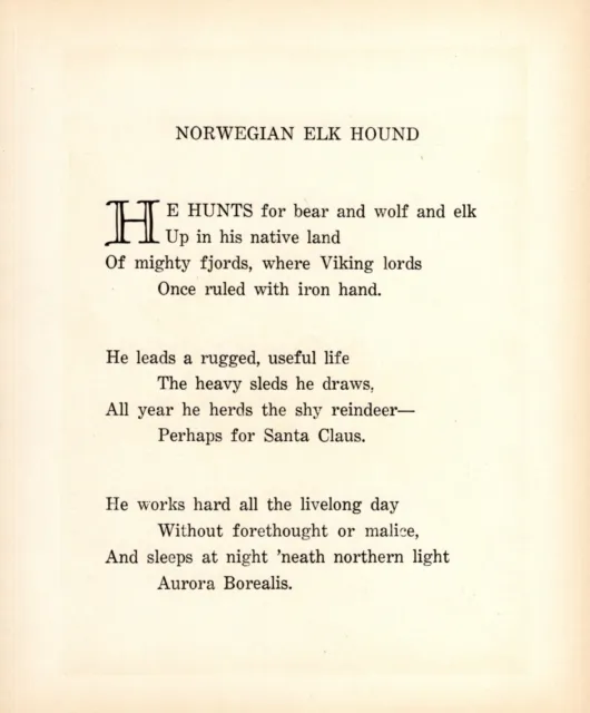 Vintage Norwegian Elkhound Poem Poetry Print 1930s Elkhound Sled Dog Print 4755c