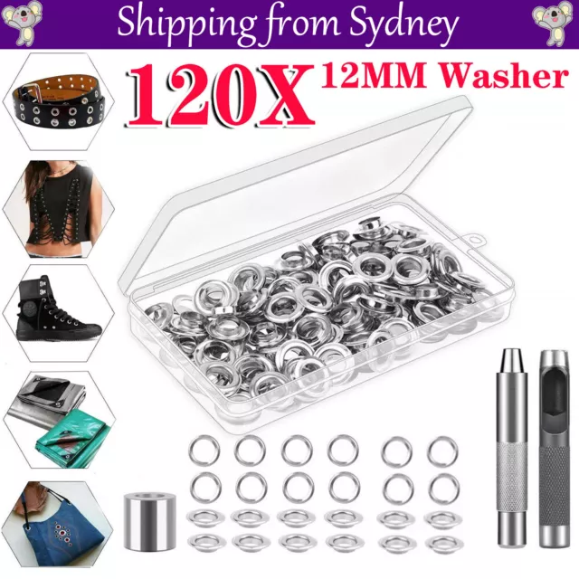 120 Sets 12mm Eyelets Grommet Washer Eyelet Punch Die Tool Kit Leather Canvas AU