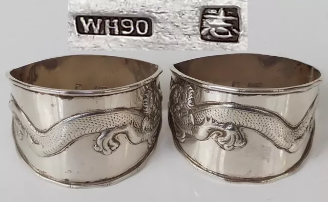 2 Chinese Silver Napkin Rings chased with Dragons C 1880s By Wang Hing