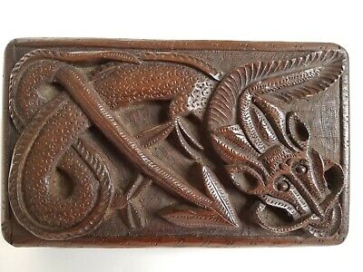 Outstanding Antique Hand-Carved Wooden Primitive Jewelry/Card/Cigarette Box.