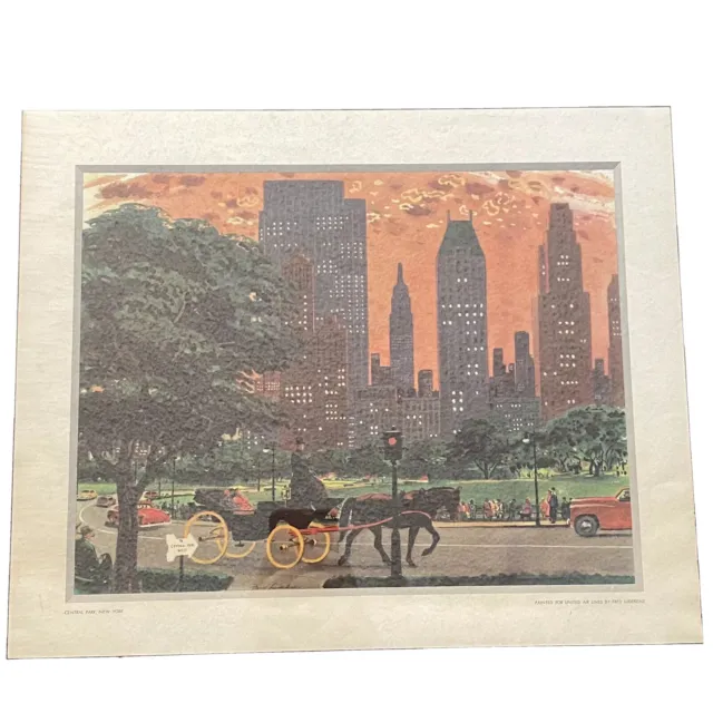 Vtg 1950s Fred Ludekens UNITED AIR LINES Lithograph Print Central Park NYC