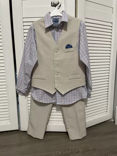 NAUTICA Boy’s  Suit Set Dress Shirt Tie Vest  Pants 7 Formal