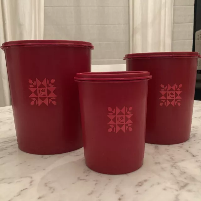 Vintage Tupperware Nesting Canister w Lids Red Pink Tulip Quilt Lot Of 3