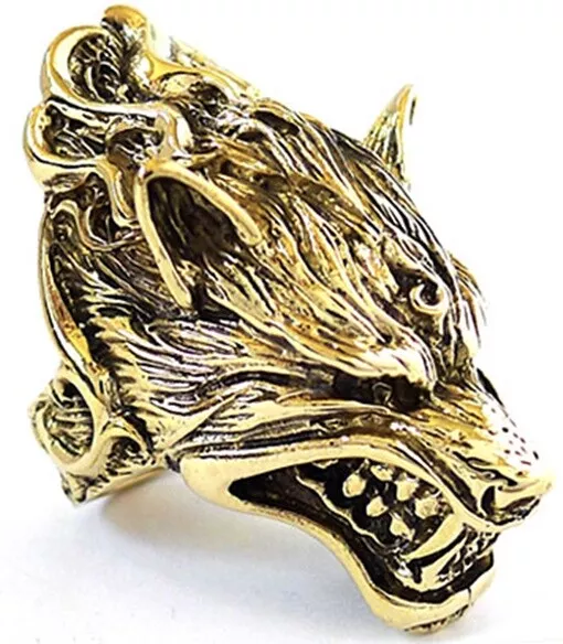 WEREWOLF GRINNING WOLF GOLD BRASS MEN'S RING sz.9