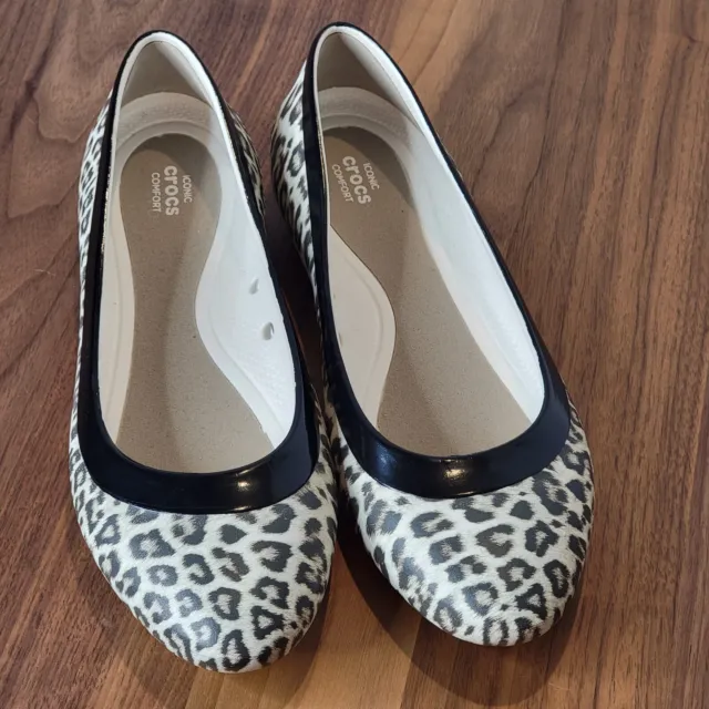 Crocs Women's Lina Graphic Ballet Flats Shoes Black Leopard Print Slip On w 10