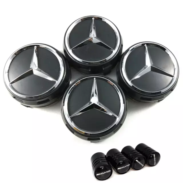 4 Tappi Coprimozzo 75Mm Per Mercedes Benz Cerchi Lega Classe A B C E Gle Nero