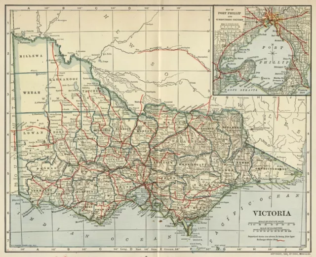 Victoria, Australia Map; Genuine 1906 (Dated) Cities Towns Topography Rails
