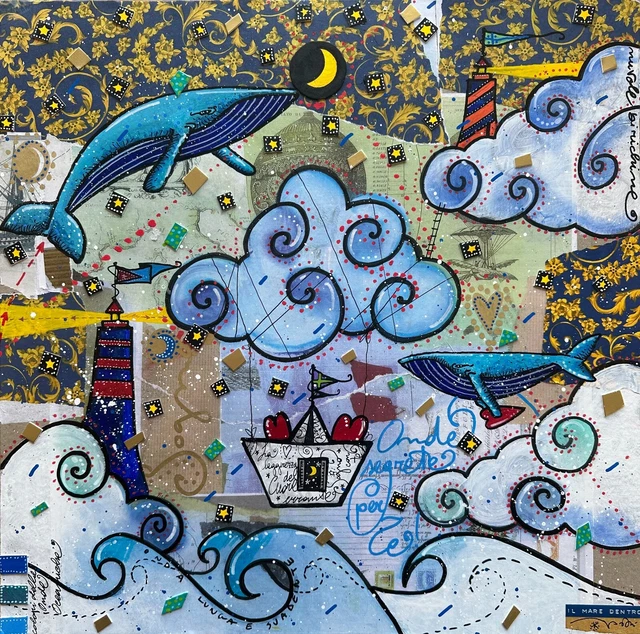 Quadro mare Onde Segrete per Te | Andrea Agostini 50x50 arredo cuori amore arte.