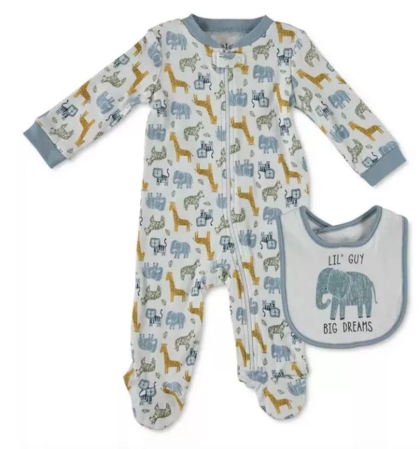 NWt 3-6 M giraffe elephants bib footie sleeper layette shower pajamas CHICK PEA