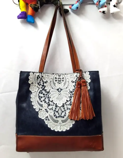Patricia Nash Toscano Crochet Embroidery Blue Canvas Leather Double Handle Tote