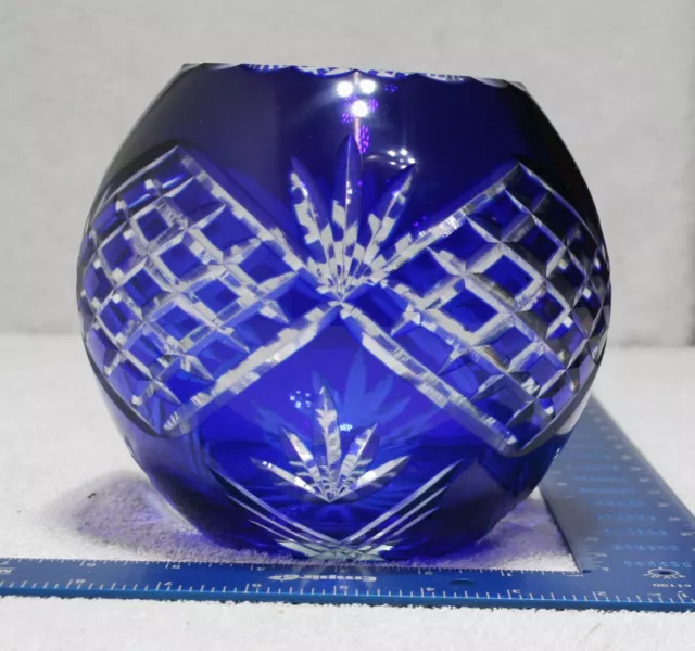 Vintage Czech Bohemian Cobalt blue cut to clear rose bowl Vase, Minor Scuffs Vintage Czech Bohemian Cobalt blue cut to clear rose bowl Vase, Minor Scuffs
