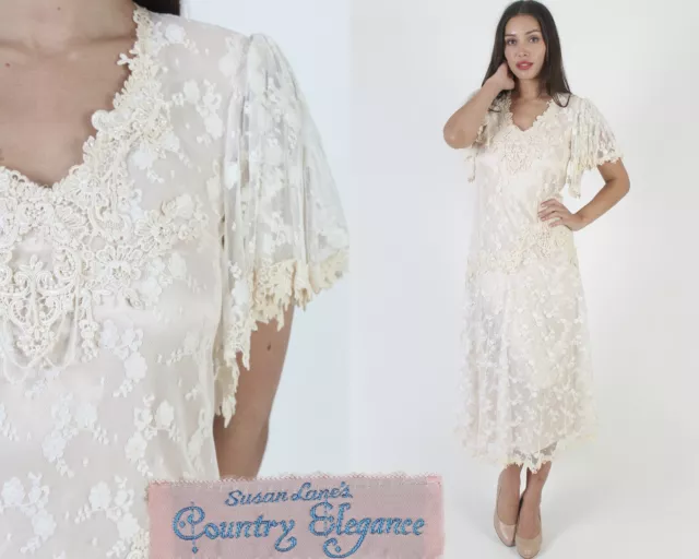 Vtg 70s Susan Lanes Country Elegance Dress Prairie Bridal Cottagecore Maxi 10