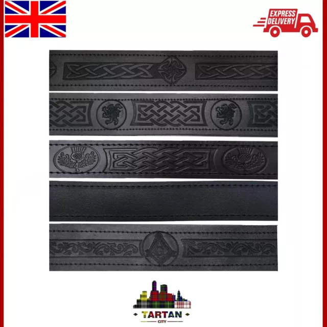 Embossed Kilt Belt Black Leather Various Design Celtic Thistle Masonic TC